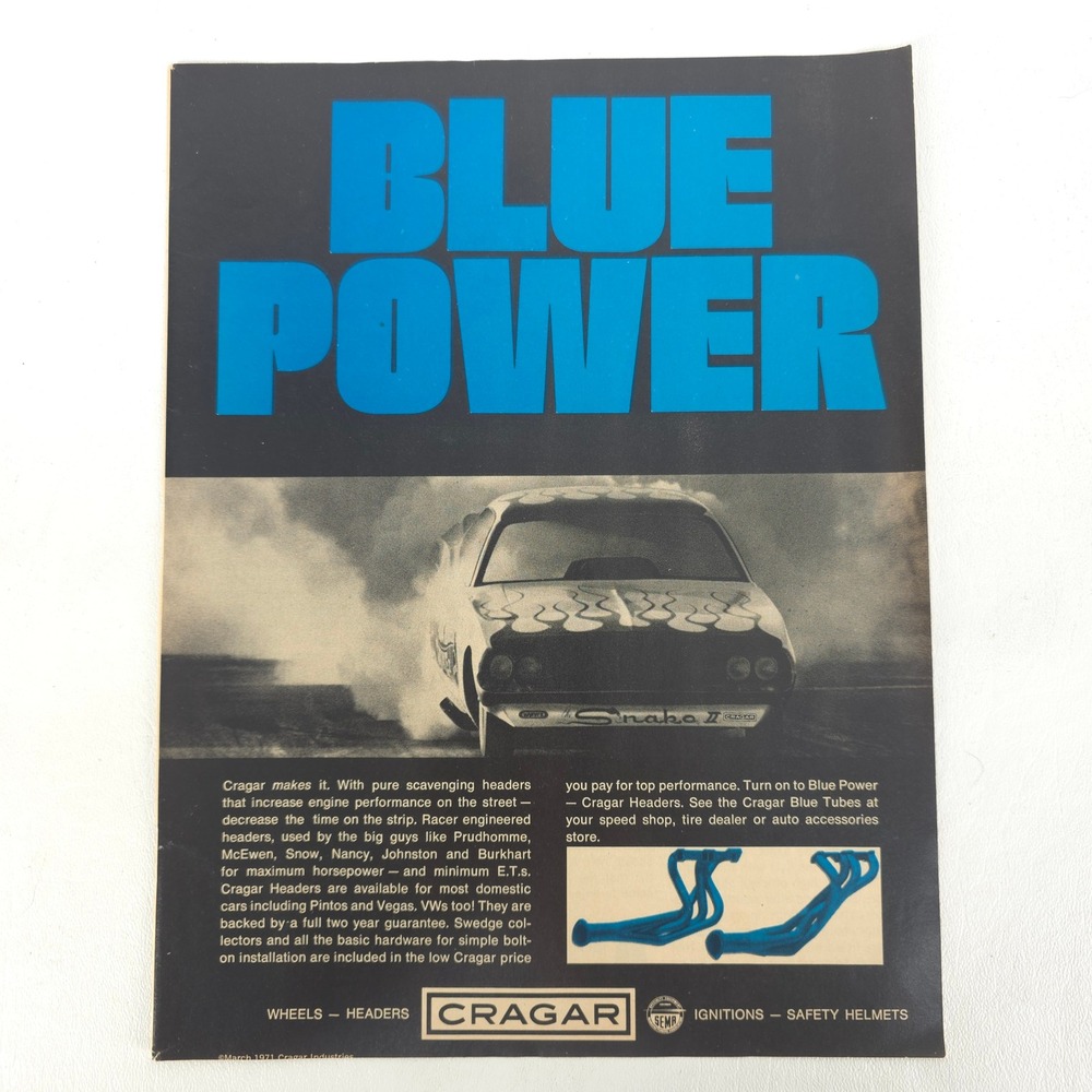 Vintage Plymouth Cragar Blue Power Print Ad 1971 Snake Drag Racing Advertising